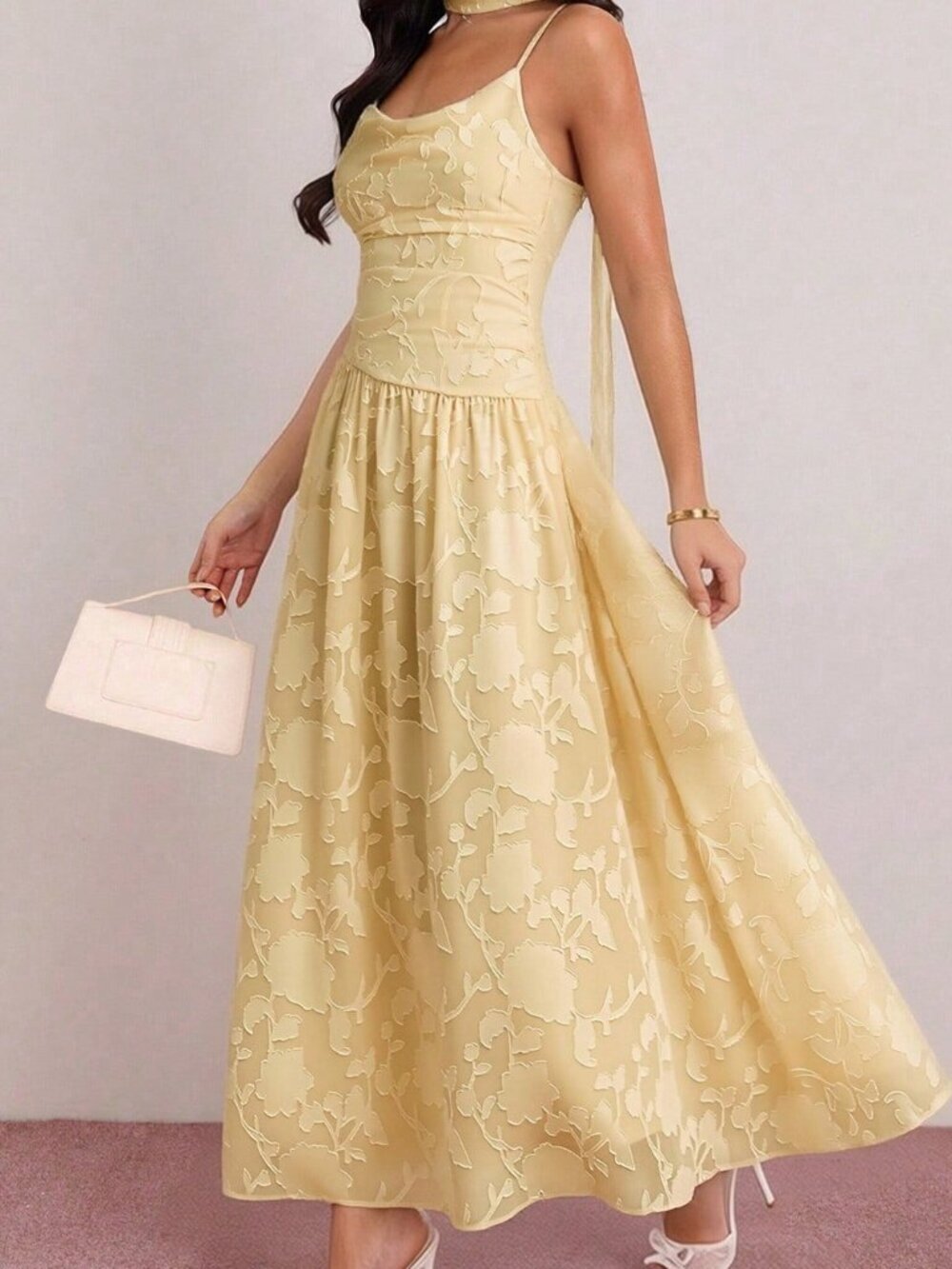 Yellow Elegant Women's French Sleeveless Off-Shoulder Cinched Waist Long Dress